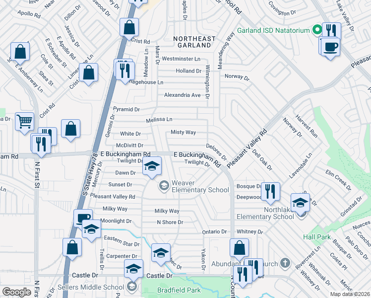 map of restaurants, bars, coffee shops, grocery stores, and more near 1026 Delores Drive in Garland