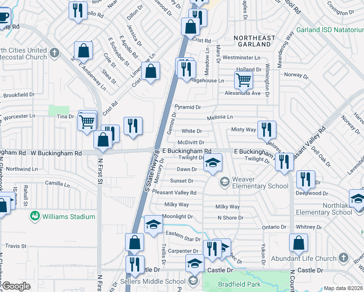 map of restaurants, bars, coffee shops, grocery stores, and more near in Garland