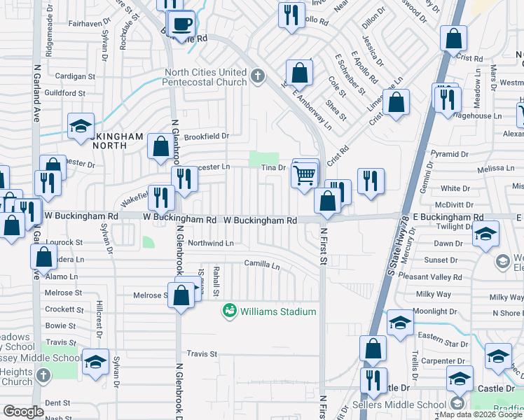 map of restaurants, bars, coffee shops, grocery stores, and more near 2002 Edna Smith Drive in Garland
