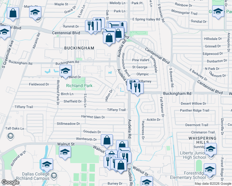 map of restaurants, bars, coffee shops, grocery stores, and more near 608 Laketrail Drive in Richardson