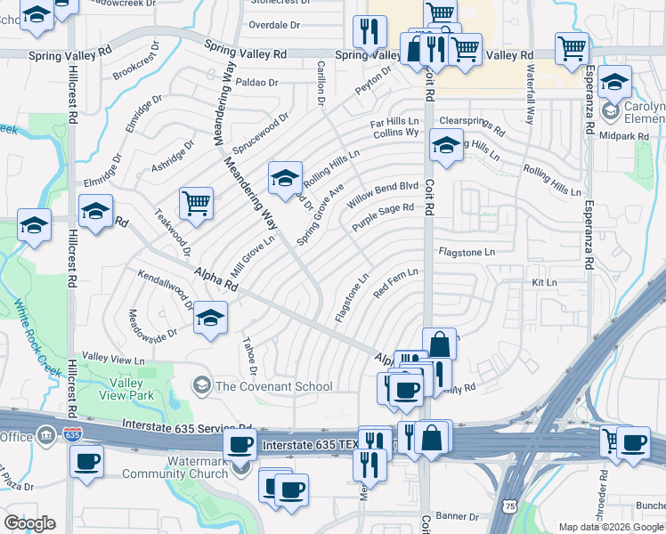 map of restaurants, bars, coffee shops, grocery stores, and more near 13415 Brookgreen Drive in Dallas