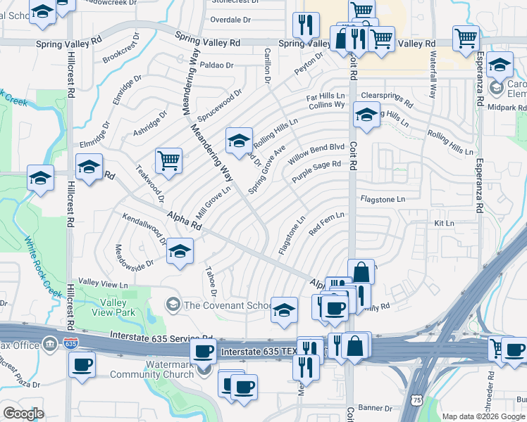 map of restaurants, bars, coffee shops, grocery stores, and more near 13415 Brookgreen Drive in Dallas