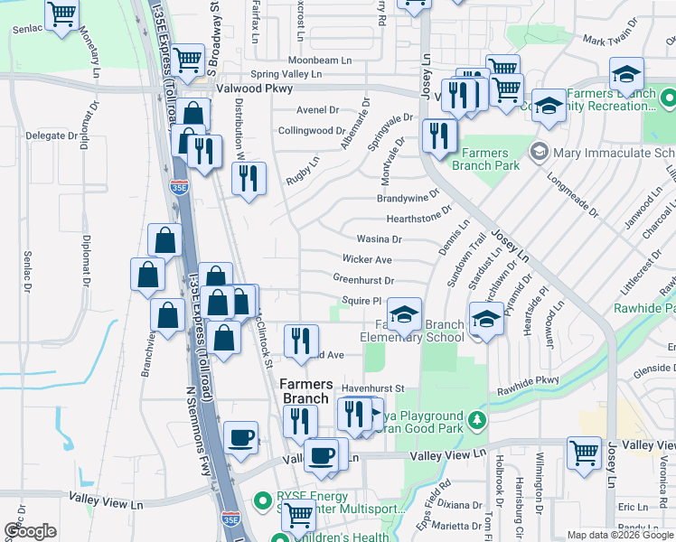 map of restaurants, bars, coffee shops, grocery stores, and more near 2565 Greenhurst Drive in Farmers Branch
