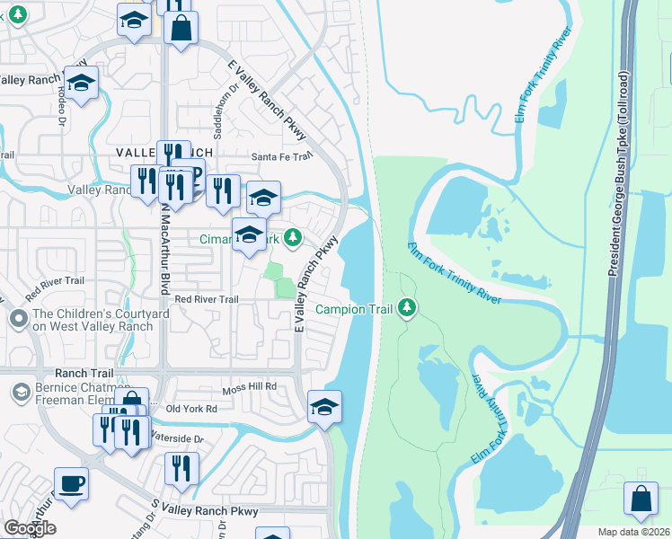 map of restaurants, bars, coffee shops, grocery stores, and more near 9008 Crown Point Circle in Irving