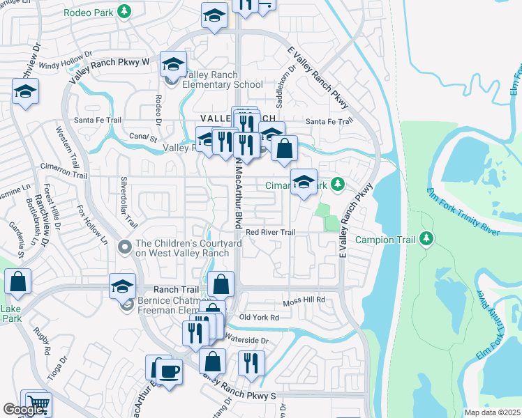 map of restaurants, bars, coffee shops, grocery stores, and more near 317 Pecos Trail in Irving