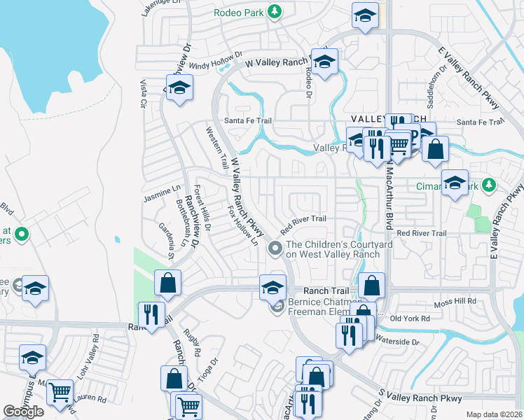 map of restaurants, bars, coffee shops, grocery stores, and more near 9046 Dillon Trail in Irving