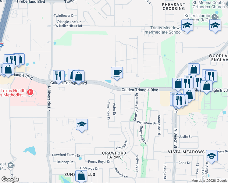 map of restaurants, bars, coffee shops, grocery stores, and more near 10813 Elmhurst Lane in Fort Worth