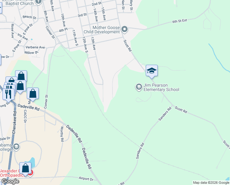 map of restaurants, bars, coffee shops, grocery stores, and more near 1214 10th Street East in Alexander City