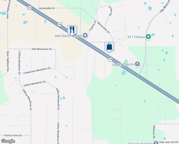 map of restaurants, bars, coffee shops, grocery stores, and more near 157 Adalida Lane in Springtown