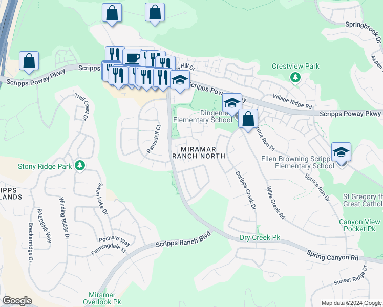 map of restaurants, bars, coffee shops, grocery stores, and more near 11003 Caminito Arcada in San Diego