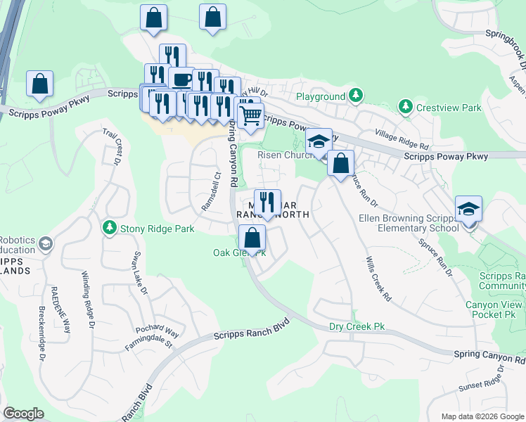 map of restaurants, bars, coffee shops, grocery stores, and more near 11003 Caminito Arcada in San Diego
