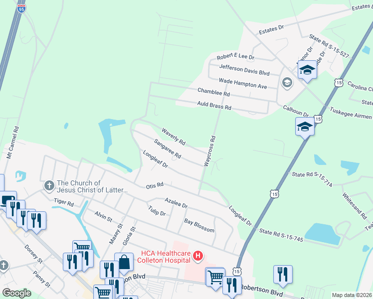 map of restaurants, bars, coffee shops, grocery stores, and more near 82 Sangaree Road in Walterboro