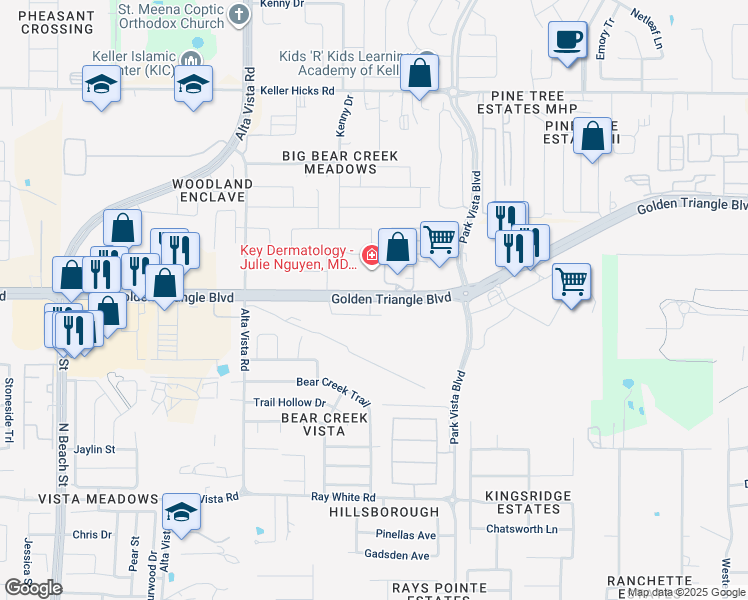map of restaurants, bars, coffee shops, grocery stores, and more near 5012 Golden Triangle Boulevard in Fort Worth