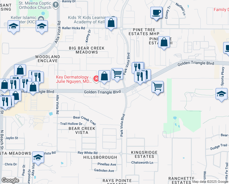 map of restaurants, bars, coffee shops, grocery stores, and more near 5123 Golden Triangle Boulevard in Fort Worth