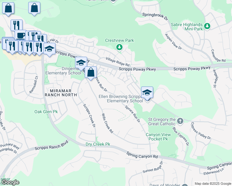 map of restaurants, bars, coffee shops, grocery stores, and more near 11645 Spruce Run Drive in San Diego