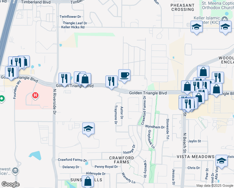 map of restaurants, bars, coffee shops, grocery stores, and more near 10856 Astor Drive in Fort Worth