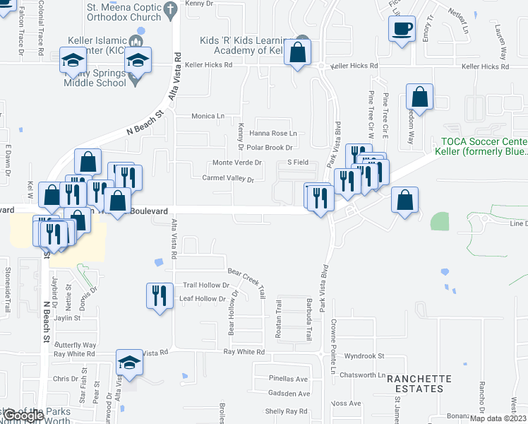 map of restaurants, bars, coffee shops, grocery stores, and more near 5011 Golden Triangle Boulevard in Fort Worth