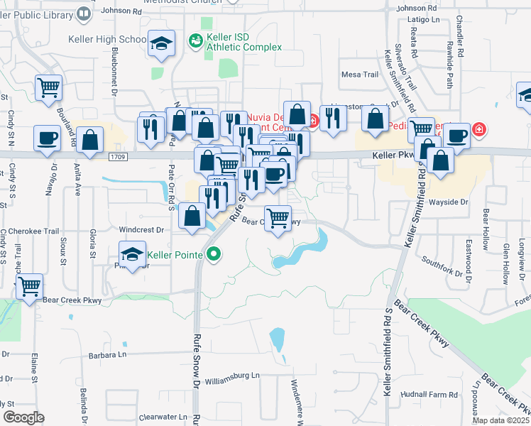 map of restaurants, bars, coffee shops, grocery stores, and more near 233 Rufe Snow Drive in Keller