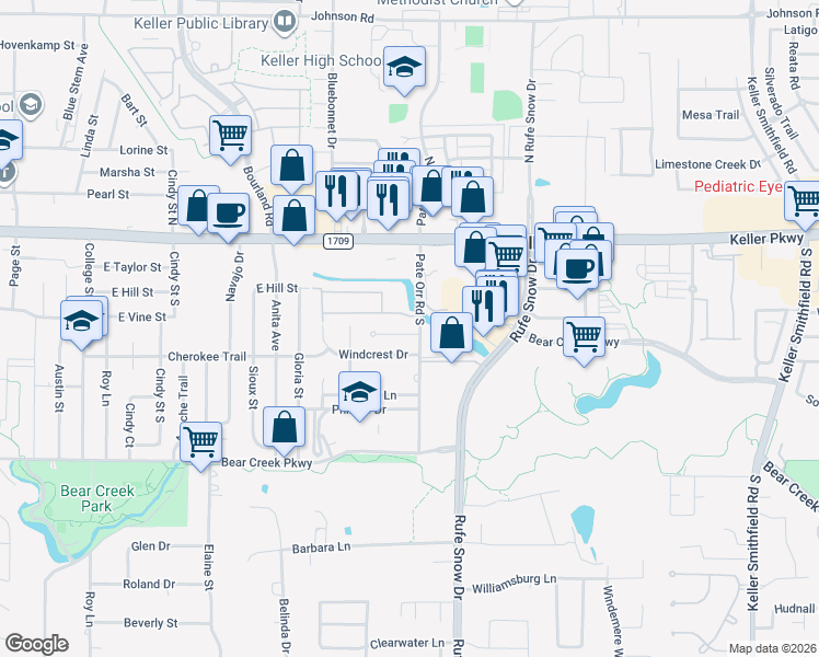 map of restaurants, bars, coffee shops, grocery stores, and more near 808 Brookstone Court in Keller