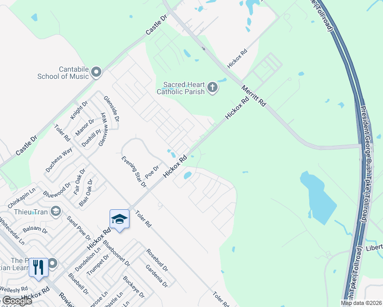 map of restaurants, bars, coffee shops, grocery stores, and more near 3200 Hickox Road in Rowlett