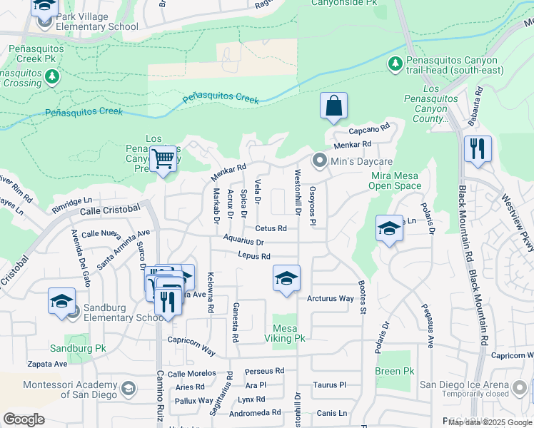 map of restaurants, bars, coffee shops, grocery stores, and more near 11315 Vela Drive in San Diego