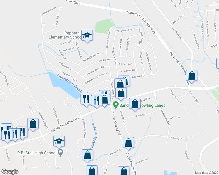 map of restaurants, bars, coffee shops, grocery stores, and more near 8415 Patriot Boulevard in North Charleston