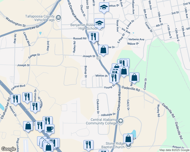 map of restaurants, bars, coffee shops, grocery stores, and more near 1126 Watson Place in Alexander City