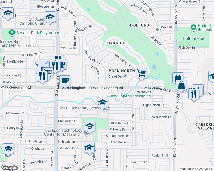 map of restaurants, bars, coffee shops, grocery stores, and more near 3013 Waterfront Circle in Garland