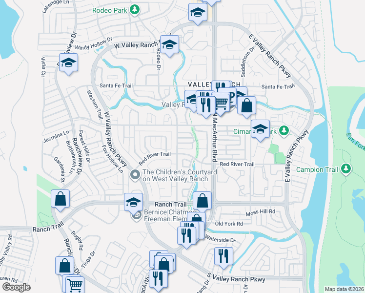 map of restaurants, bars, coffee shops, grocery stores, and more near 9001 Rodeo Drive in Irving