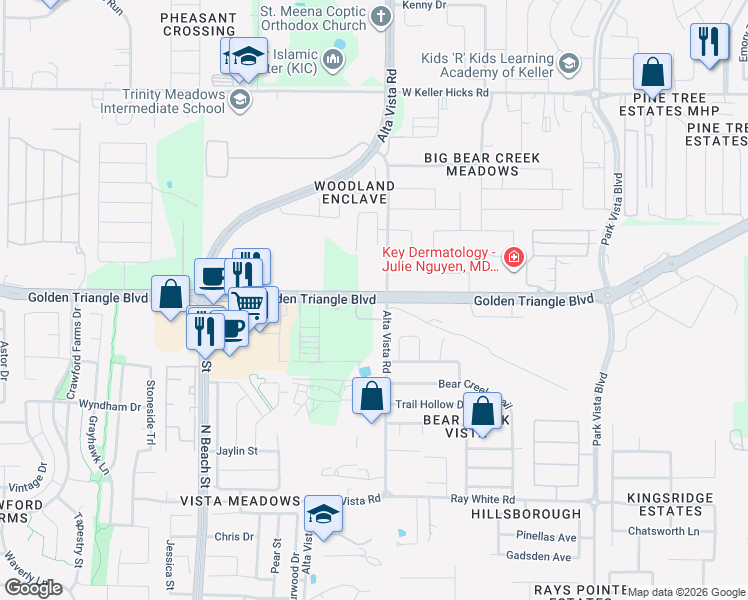 map of restaurants, bars, coffee shops, grocery stores, and more near 4784 Golden Triangle Boulevard in Fort Worth