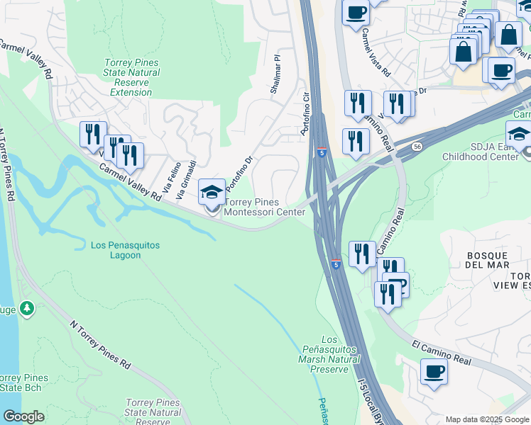 map of restaurants, bars, coffee shops, grocery stores, and more near 13322 Caminito Carmel in Del Mar