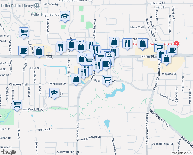 map of restaurants, bars, coffee shops, grocery stores, and more near 1001 Bear Creek Parkway in Keller