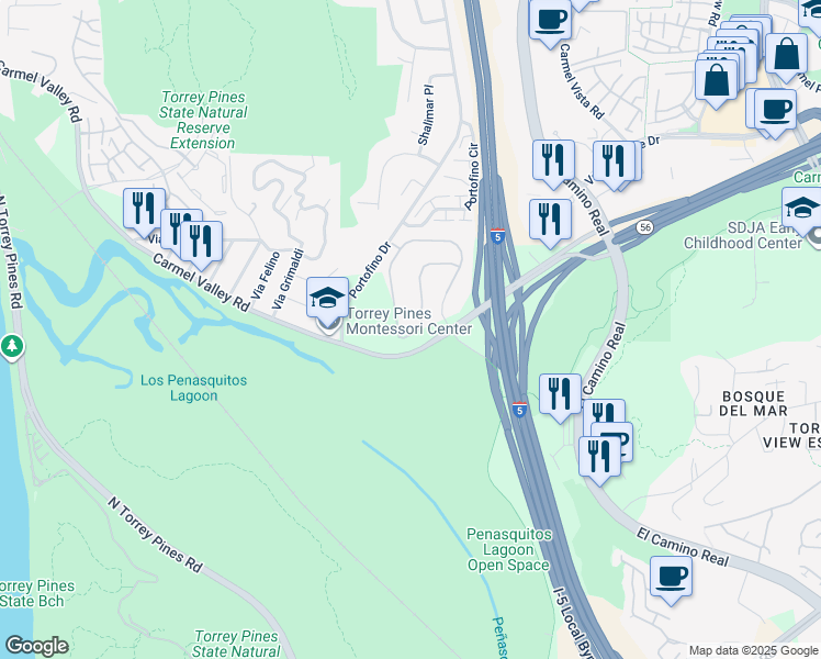 map of restaurants, bars, coffee shops, grocery stores, and more near 13322 Caminito Carmel in Del Mar