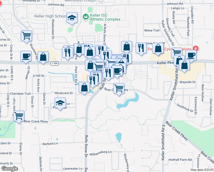map of restaurants, bars, coffee shops, grocery stores, and more near 1001 Bear Creek Parkway in Keller