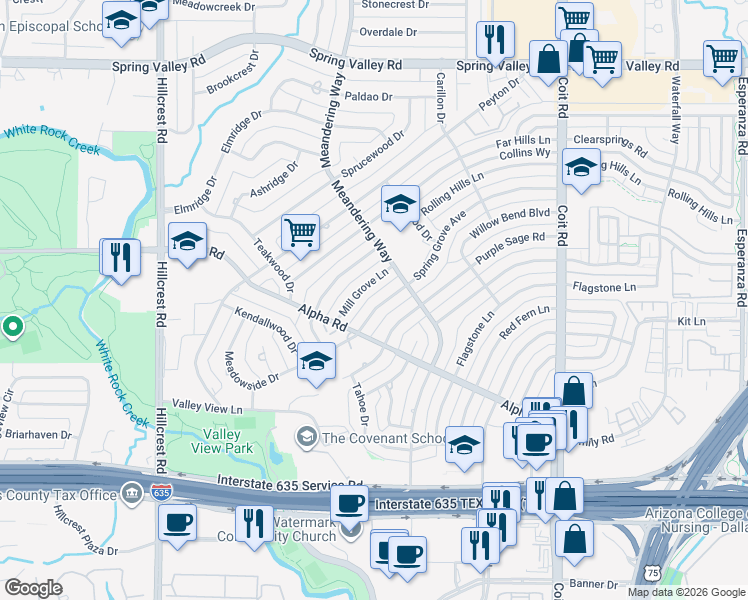 map of restaurants, bars, coffee shops, grocery stores, and more near 13424 Spring Grove Avenue in Dallas
