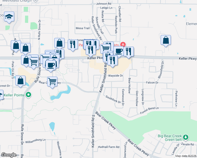 map of restaurants, bars, coffee shops, grocery stores, and more near 216 La Fontaine Lane in Keller