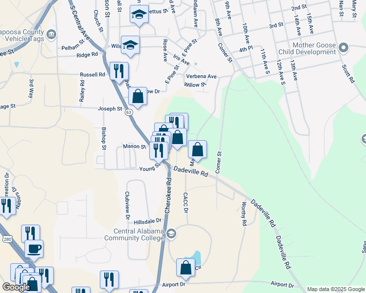 map of restaurants, bars, coffee shops, grocery stores, and more near 705 Alex City Shopping Center Drive in Alexander City