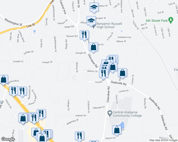 map of restaurants, bars, coffee shops, grocery stores, and more near 214 Mason Street in Alexander City
