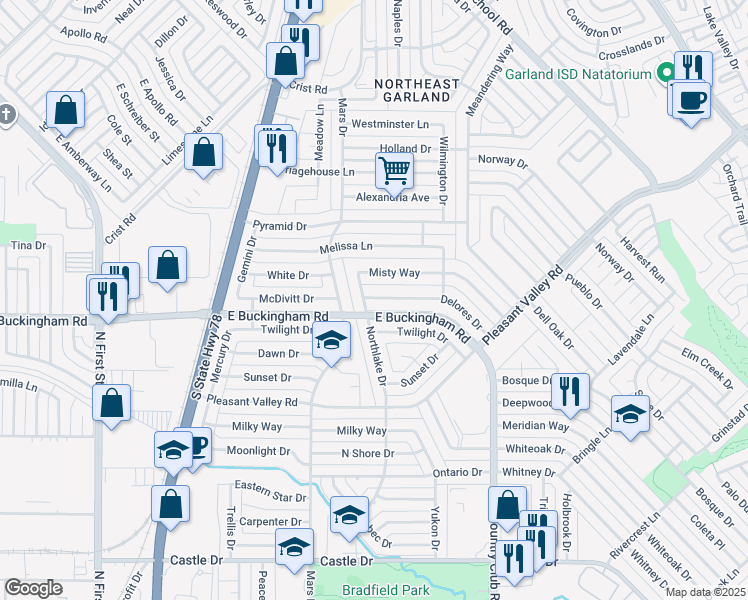 map of restaurants, bars, coffee shops, grocery stores, and more near 2001 Northlake Drive in Garland