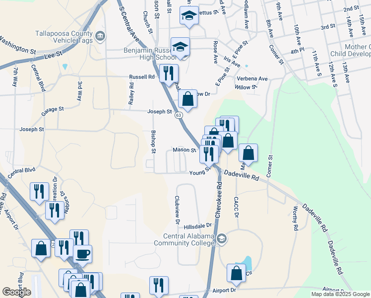 map of restaurants, bars, coffee shops, grocery stores, and more near 131 Mason Street in Alexander City