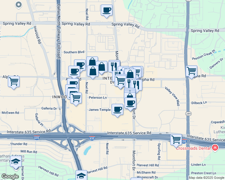 map of restaurants, bars, coffee shops, grocery stores, and more near 5423 Peterson Lane in Dallas