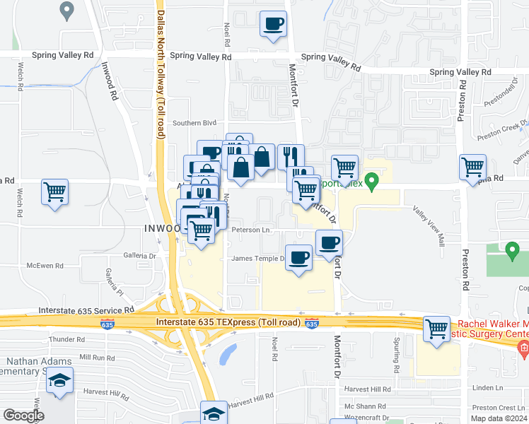 map of restaurants, bars, coffee shops, grocery stores, and more near 5400 Peterson Lane in Dallas