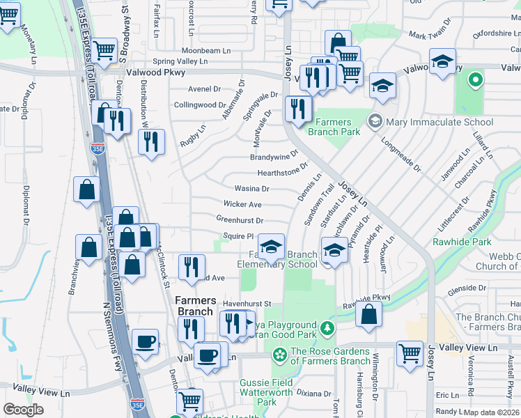 map of restaurants, bars, coffee shops, grocery stores, and more near 2627 Greenhurst Drive in Farmers Branch