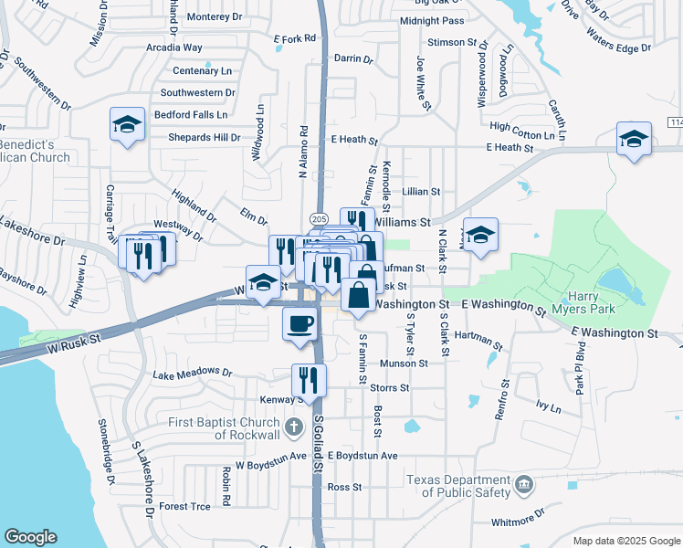map of restaurants, bars, coffee shops, grocery stores, and more near 212 East Rusk Street in Rockwall