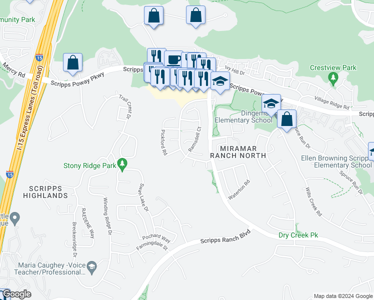 map of restaurants, bars, coffee shops, grocery stores, and more near 11714 Ramsdell Court in San Diego