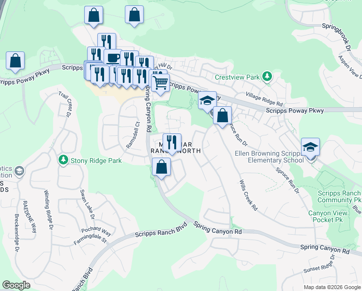 map of restaurants, bars, coffee shops, grocery stores, and more near 11121 Caminito Arcada in San Diego
