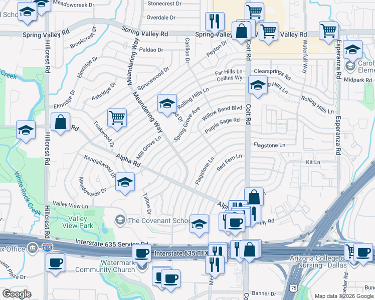 map of restaurants, bars, coffee shops, grocery stores, and more near 13522 Purple Sage Road in Dallas