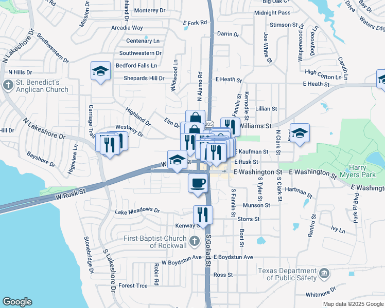 map of restaurants, bars, coffee shops, grocery stores, and more near 101 North Alamo Road in Rockwall