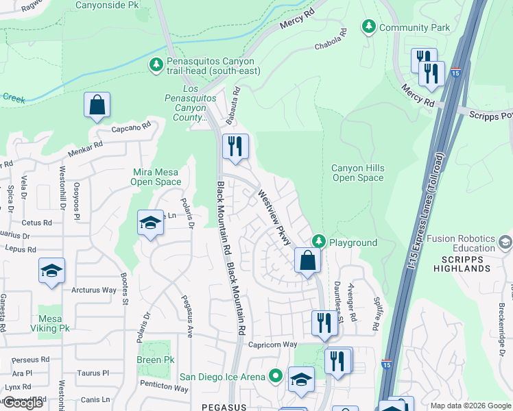 map of restaurants, bars, coffee shops, grocery stores, and more near 11770 Westview Parkway in San Diego