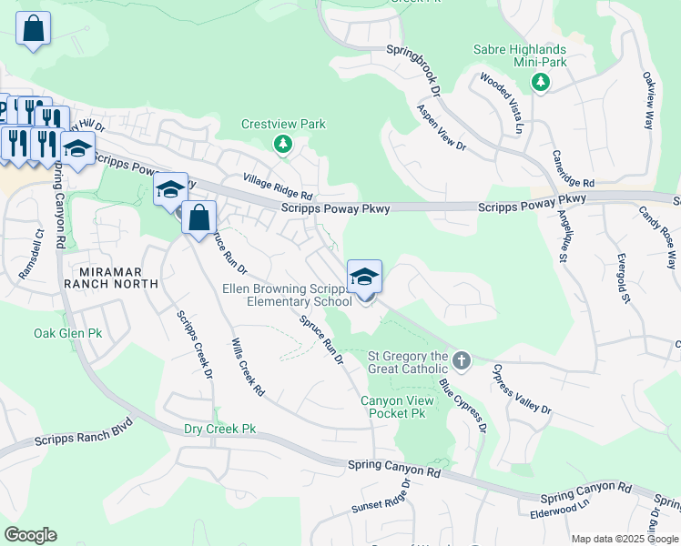 map of restaurants, bars, coffee shops, grocery stores, and more near 11822 Cypress Canyon Road in San Diego